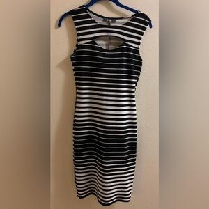 PINC Black and White Striped BodyCon Medium Dress Front Oval Cut Out Festival